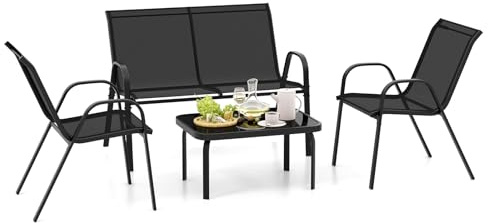 FANTASK Outdoor-Sets für 4 Personen, 4-teilige Patio-Set, Balkonmöbel inkl. 2 Stühlen, Bank & Tisch für Balkon, Schwarz