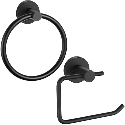 Towel Ring and Toilet Paper Holder set, Stainless Steel Bath Towel Hanger and Tissue Roll Holders, Bathroom Hardware Accessories Wall Mounted 2 Pieces (Matte Black)