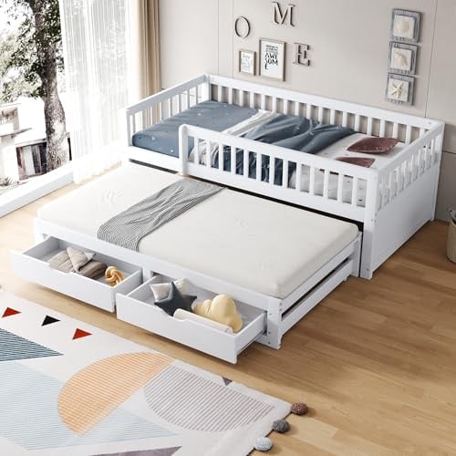 Holzbett Schlafsofa 90x200, Bettgestell mit Ausziehbett&2 Schubladen, Kinderbett Jugendbett Einzelbett Doppelbett Funktionsbett Gästebett mit Rausfallschutz&Lattenrost, Kiefer, Ohne Matratze, Weiß