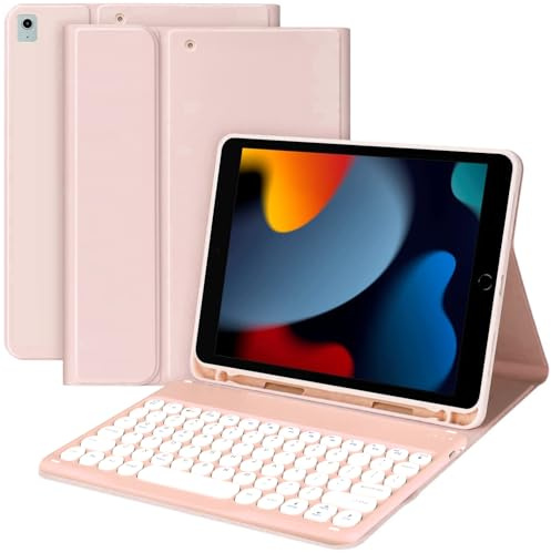 Tasnme Keyboard Case for iPad 9th/8th/7th Generation (2021/2020/2019) 10.2-inch, Magnetic Detachable Wireless Keyboard for iPad Air 3/ Pro 10.5, Smart Cover with Pencil Holder (Pink)