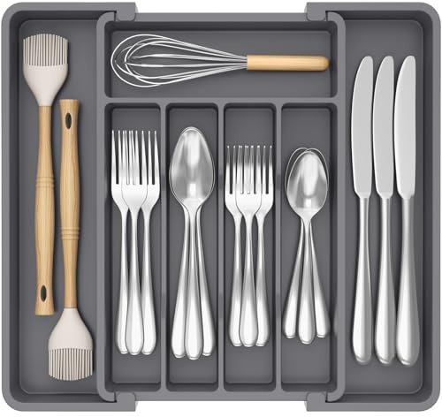 Lifewit Cutlery Drawer Organiser, Extendable Cutlery Tray, 7 Compartments, Kitchen Drawer Organiser Utensil Spoons Forks Knives, Small, Dark Grey