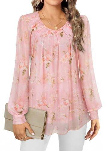 Gemulate Tops for Women UK Ladies Evening Tops Long Sleeve Dressy Chiffon Blouses Loose Flowy Crew Neck Chiffon Top Double Layers Mesh T-Shirts Long Top to Wear with Leggings Pink Floral XXXL