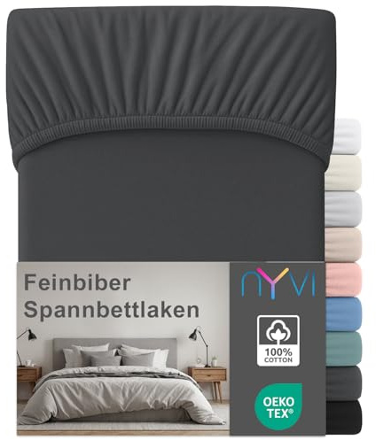 NYVI Feinbiber Spannbettlaken Deluxe für Matratzen bis 25 cm Steghöhe - Extra Warm & Weich, 100% Baumwolle, Bügelfrei, Vorgekrumpft - 140x200 cm Anthrazit