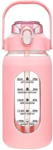 Puthernm Bouteilles d'eau en Verre de 64 Oz avec Paille, Bouteille en Verre avec Manchon en Silicone et Marqueur de Temps, pour Salle de Sport, Bureau à Domicile, Rose
