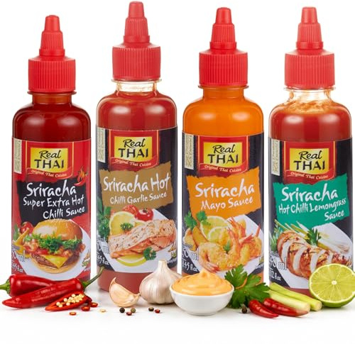 Real Thai Sriracha Scharfe Sauce Set – 4er Paket | Hot Chili, Garlic, Sriracha Mayo, Hot Chili Lemongrass – Authentisch Thai & Aromatisch