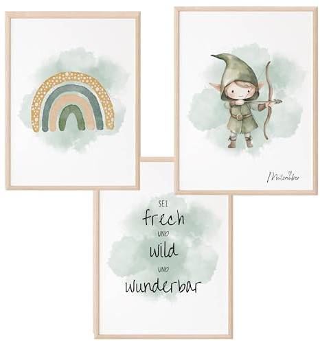 Mutzauber Poster 3er Set Kinderzimmer A4 | Bilder Kinderzimmer | Deko Babyzimmer Junge Prinz Märchen | Bilder Regenbogen wild frech wunderbar Bilder ohne Rahmen (grün, Waldelf)