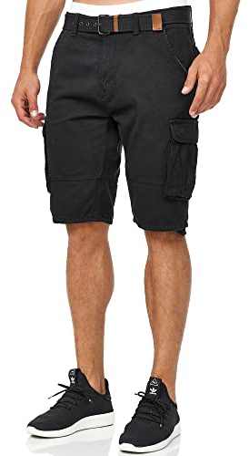 Indicode Herren Monroe Cargo Cargo-Shorts inkl. Gürtel | Bermuda Männer Sommerhose aus Baumwolle Black, S