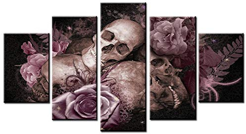 Wowdecor Leinwandbild, Leinwand, 5 Teile, mehrere Bilder, bunte Totenkopf-Rosen, indisches Giclée-Druck auf Leinwand, Poster, Wanddekoration, Geschenke, Skull & Roses, Small - Framed