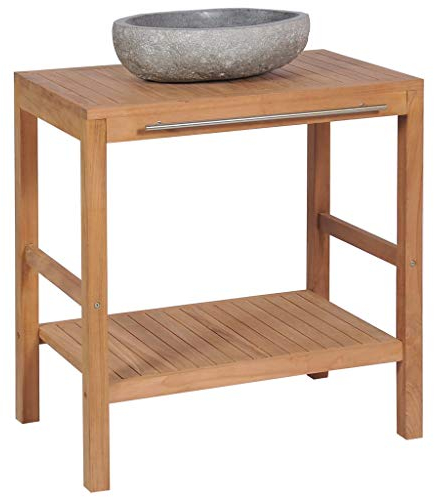 Festnight Waschtischunterschrank Massives Teak mit Flussstein Waschbecken Badschrank Badezimmerschrank Unterstellschrank 74 x 45 x 75 cm