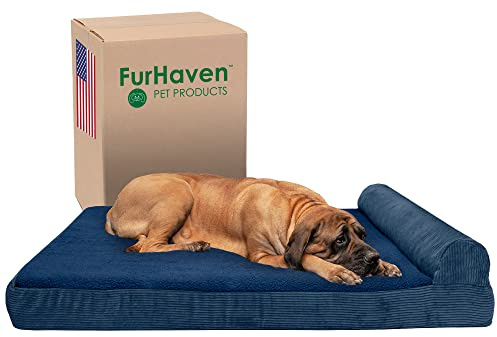 Furhaven Orthopädisches Hundebett für große Hunde mit Abnehmbarer Nackenrolle und waschbarem Bezug, für Hunde bis zu 56,7 kg – Fleece und Cord Nackenrolle – Marineblau, Jumbo Plus/XXL
