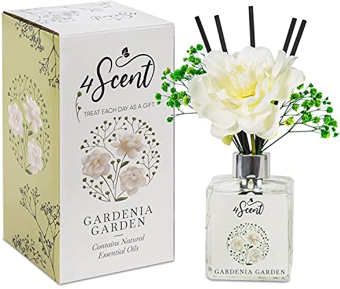 4SCENT Reed Diffuser Set 6.7 fl oz with Preserved Gypsophila (Baby's Breath) and Artificial Gardenia for Home Fragrance and Decor | Aromatherapy with Essential Oil and Rattan Sticks | Gardenia Garden