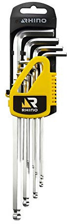 Rhino - Clés Allen - Lot de 9 clés mâle longues hexagonale à tête sphérique, jeu de 9 clés allen sur support - Diamètre 1.5 à 10 mm - Fabriqué en Acier (Chrome Vanadium) - Garantie à vie