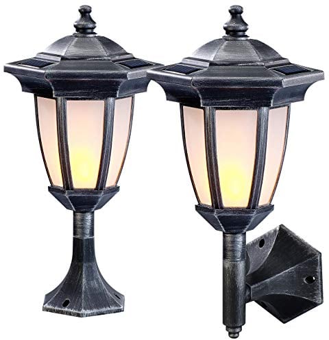 Lunartec Solarlichter: 2er-Set Solar-LED-Stand- & Wandlaternen mit Flammeneffekt, IP44 (LED-Solarlampe Gartenleuchte, Solarleuchten Gartendekos, Kabellose Stehlampe)