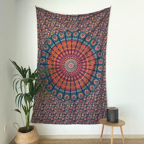 MOMOMUS Wandteppich Mandala - Mehrzweck, Bunt, 100% Baumwolle - Ideal als Wandteppich Aesthetic, Wandtuch Boho, Indischer Wandbehang aus Stoff oder Wall Tapestry - Blau und Rot, 135x210 cm
