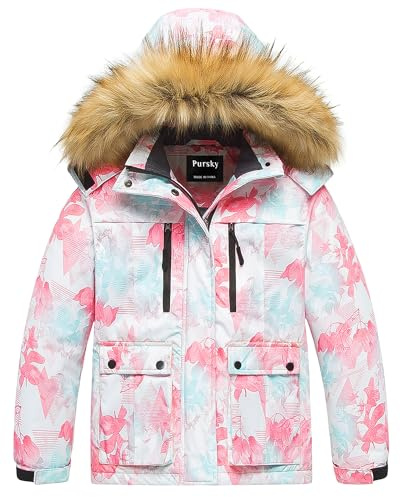 Pursky Girls' Outerwear Jackets Snowboard Ski Snow Coats Hood Pink Floral 14/16