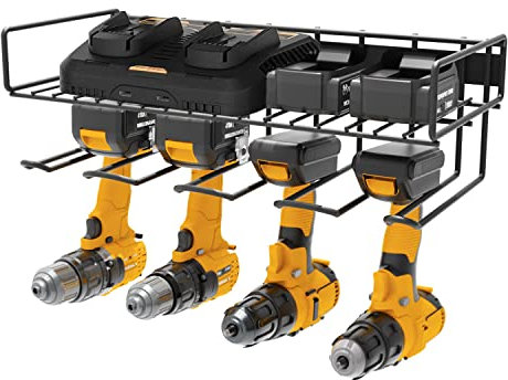 UNITEDPOWER® Heavy Duty Power Tool Drill Rack, Handheld & Power Tool Organizer Electric Drill Storage Rack | 17 Wall Mounted Tool Storage Rack Drill Holder (4-Bay Drill Rack & Tool Shelf 2-in-1)