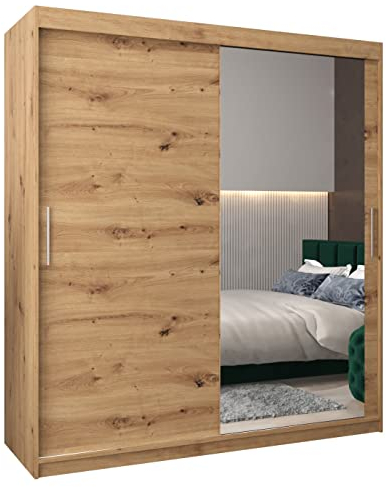 MEBLE KRYSPOL Kleiderschrank mit Spiegel Tokyo 2 - Garderobenschrank - Schrank Schlafzimmer - Mehrzweckschrank Zwei Schiebetüren - Regalen - Flur Möbel - Kleiderstange Schrank - Allzweckschrank
