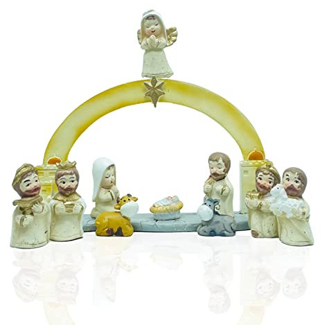 Gesar crèche de Noël avec cabane en céramique – Lot de 11 crèches en céramique 4,5 cm – Personnages Nativité – crèche moderne et élégante – (blanc)
