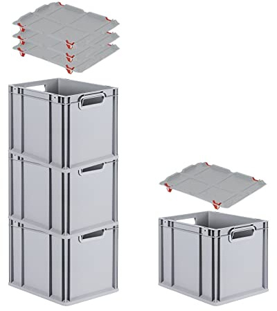 PROREGAL SuperSparSet 4x Eurobox NextGen Grip mit Auflagedeckel & 4 roten Schiebeschnappverschlüssen, HxBxT 32x30x40cm, 30 L, Grau, Griffe offen, Eurobehälter, Transportbox
