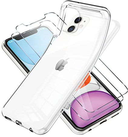 Vauki Funda para iPhone 11 con 2 Protector de Pantalla,Carcasa Silicona Transparente Suave y Cristal Templado,Ultra Fina TPU Antigolpes Case Cover para iPhone 11 6.1