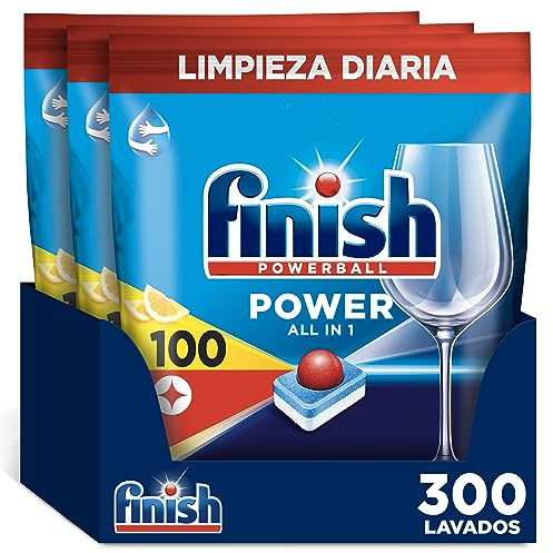 Finish Powerball Power All in 1 Pastillas para el lavavajillas Limón, Megapack 300 pastillas (3 bolsas de 100 pastillas)