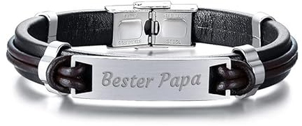 BCughia Armbänder Zum Gravieren, Bracelets for Men Silber Leder Erkennungsmarke mit Gravur Bester Papa Armbänder 21.5x1cm