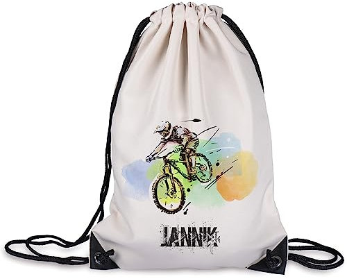 GRAZDesign Turnbeutel Kinder mit Namen personalisiert aus Polyester | Naturfarben | Rucksack | Sportbeutel | Gymbag | Wäschebeutel | Kinder Geschenk (Mountainbike)