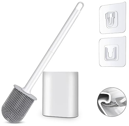 Samaly Silicone Toilet Brush, Bathroom Deep Cleaning Bowl Buddy Toilet Brush with Soft Flexible Bristles and No-Slip Plastic Handle, Toilet Brushes with holders and Base for Anti-drip (White)