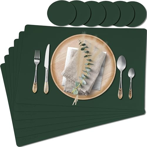 Mahewa® 6er Set Premium Tischset aus Kunstleder - Platzset abwaschbar und wasserdicht - Platzdeckchen Telleruntersetzer in Lederoptik (Kieferngrün, Eckig)