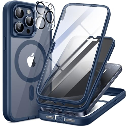 TIESZEN für iPhone 15 Pro Case Magnetic, kompatibel mit Magsafe Built-in 9H Tempered Screen Protector & Privacy Screen Protector & 2X Camera Lens Protectors, Dustproof Clear Phone Case, Blau
