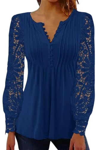 BISKAMY Tops for Women UK Elegant Ladies Tops Lace Patchwork Shirts Long Sleeve V Neck Blouse Plus Size Casual Loose T-Shirt