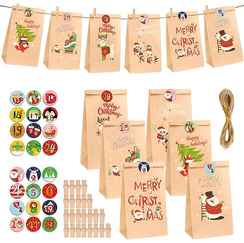 24 Adventskalender Zum Befüllen Tüten,Adventskalender Tüten Zum Befüllen,Papiertüten Adventskalender Selber Befüllen mit Tüten und Zahlen Aufkleber,Weihnachtskalender Zum Befüllen