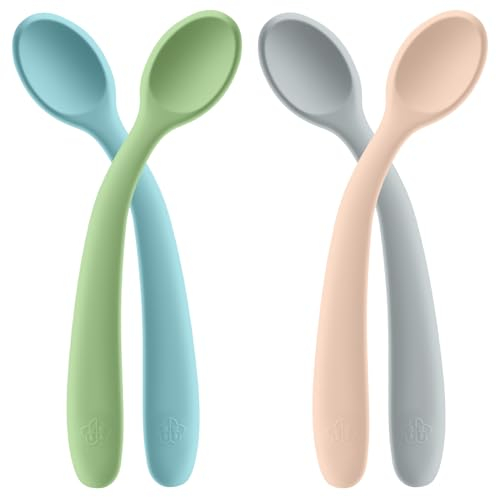 HOTUT Cucharas de Silicona para Bebés, 4PCS Cucharas para Bebé con Asas Flexibles, Precucharas Babe, Sin BPA, Cubiertos De Silicona Ergonómicos, Apto para Lavavajillas