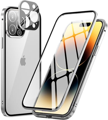 MIMGOAL Case for Apple iPhone 15 Pro Max, Magnetic Adsorption Metal Bumper with Front and Back Transparent Tempered Glass Cover 360 Degree Full Body Protective Case for iPhone 15 Pro Max 6.7, White