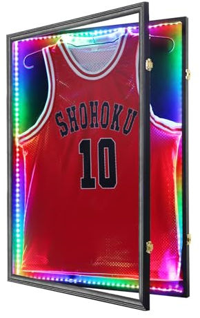 Grintus Jersey-Rahmen-Vitrine, abschließbar mit bunten LED-Lichtern, Schaukasten für Trikot-Display mit 98 % UV-Schutz, Acryl und Aufhänger für Baseball, Basketball, Fußball, Hockey, Sportshirt,