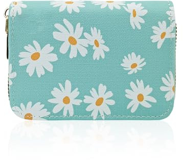AfitLulu Porte-cartes de crédit pour femme, portefeuille avec blocage RFID avec fermeture éclair, 11 emplacements pour cartes marguerites pour femmes, bleu, 10.8*2.4*7.7cm/4.2”*3.1”*1.1”, marguerite