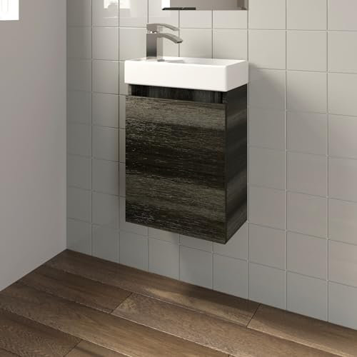 BAYSTONE 400mm Wall Hung Cloakroom Vanity Unit Basin Sink Slimline Bathroom Storage Cabinet Charcoal