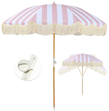Parasol de plage rose avec inclinaison, parasol bohème robuste avec glands, parasol de terrasse, parasol de table UPF 50+, parasol de jardin imperméable et portable avec sac de transport/8 baleines