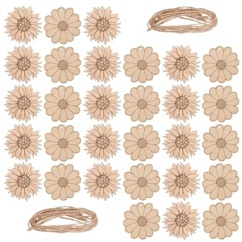 DIYEAH 30 Stück Holz-Sonnenblumen-Anhänger Blumen Basteln Holzscheiben Holzblumenstücke Unvollendete Holzscheibe
