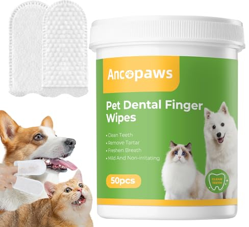 Ancopaws Limpieza de dientes para perros y gatos, toallitas para el cuidado dental para eliminar el mal aliento, cepillo de dientes para mascotas, removedor de sarro y placa de cepillo de dientes (50