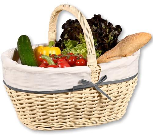 Cesta de Mimbre de la Compra con Forro de Tela, 45 x 34 x 37 cm, Cesta con Asa, Color Beige