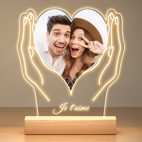 Jkolalin Cadre Photo Personnalisé, Plaque Acrylique Personnalisée avec Veilleuse, Cadeau Anniversaire Femme Personnalisé, Cadeau Personnalisé pour Femme Homme Copine Copain Couples