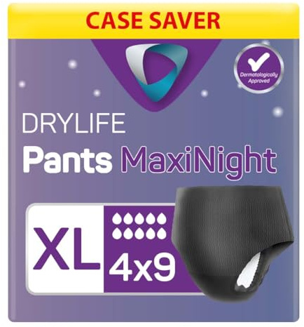 Drylife Pants Maxi Night Einweg-Inkontinenzunterhose zum Hochziehen, Uni, 3000 ml Saugfähigkeit, Schutz über Nacht, Auslaufsicherheit, atmungsaktives Material, Größe XL, 4 Packungen mit 9 Stück