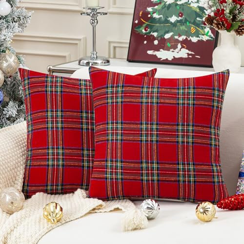 Kiatuniya Kissenbezug Weihnachten 40x40 Rot Kariert Weihnachtskissenbezug Tartan Weihnachtskissen Kissenhülle Sofakissen Dekokissen Kissenbezüge Deko für Sofa Schlafzimmer Wohnzimmer 2er Set