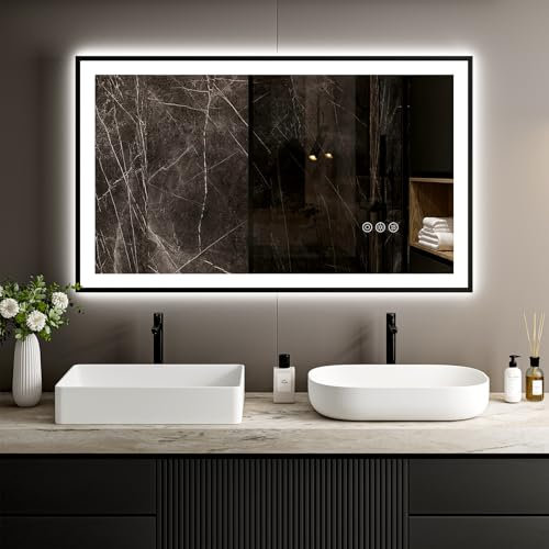 ChillCruiser 600 x 1000 mm LED-Badezimmerspiegel mit schwarzem Rahmen Frontlicht und Hintergrundbeleuchtung stufenlos dimmbar beschlagfrei bruchsicher Memory 3 Farben LED-Kosmetikspiegel
