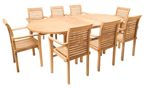 Endorphin Gartenmöbel Set Holz - 9-teilig - unbehandeltes Teakholz - 1 Tisch + 8 Stühle stapelbar - Gartentisch Wetterfest für Außen - Gartengarnitur Set mit Ausziehtisch