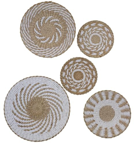 DLBTWDOYLS Cesta decorativa bohemia para colgar en la pared, cesta de pared de paja hecha a mano, conjunto de adornos redondos para colgar en la pared, bandeja de decoración de pared de fondo (M)