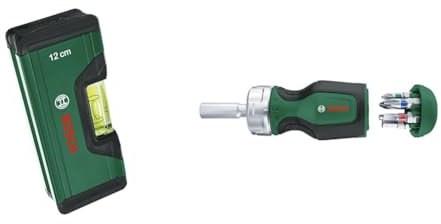 Bosch Home and Garden Spirit Level 12 cm + Stubby Ratchet Screwdriver with 6 Bits