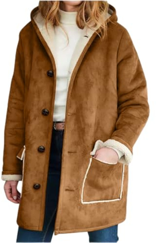 HESYSUAN Giacca Cappuccio in Pelle Scamosciata Donna, Cappotti Invernali Soffici Donna 2024 Trench in Pelle Scamosciata e Montone Tasche Larghe e Taglie Forti