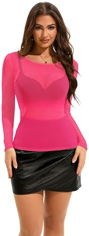 florynova Womens Mesh Tops See Through Sheer Stretchy Long Sleeve Blouse Slim Fit Shirt(Neutral Pink,M)
